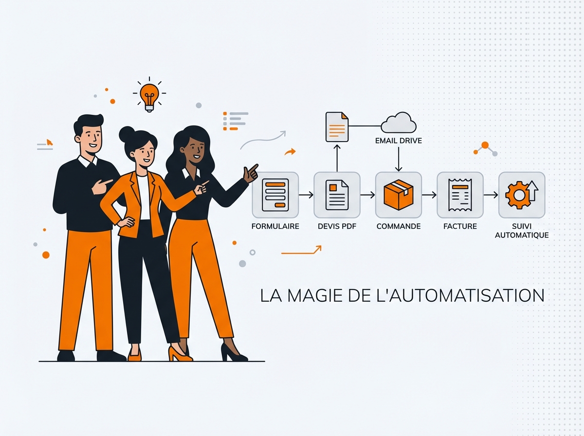 Workflow automatisé devis commande facture - étapes du cycle commercial connectées automatiquement